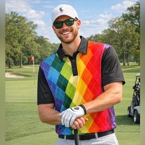 Ready Golf Rainbow Argyle Polo Shirt Men’s Medium Colorful Golf outing shirt
